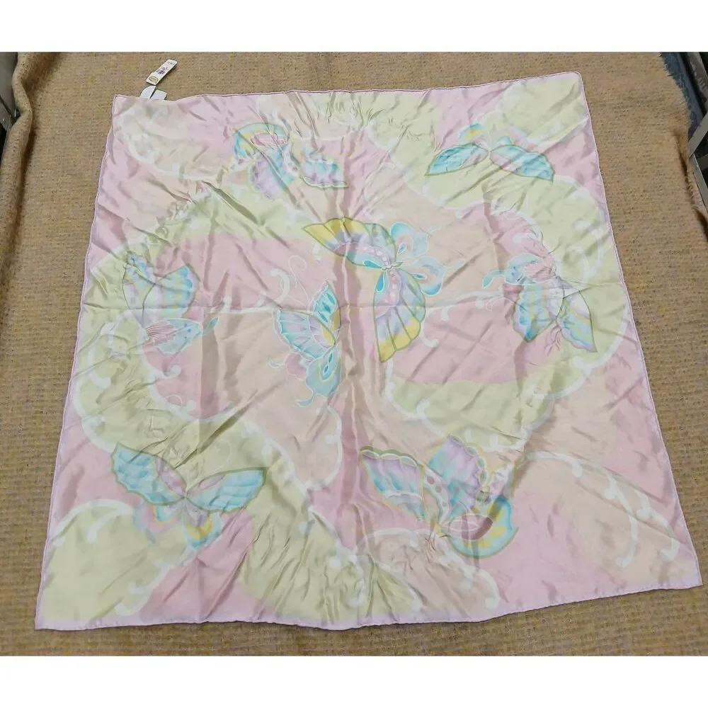 Talbots womens square 100% silk scarf pink lime green